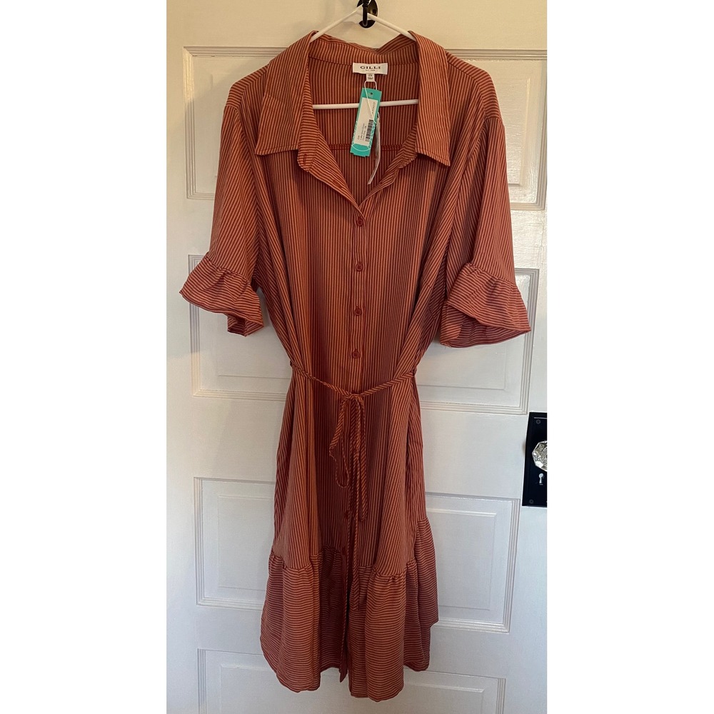 Gilli Calla Shirt Dress 2X Dark Pink Striped Ruffle Sleeve Button Front New